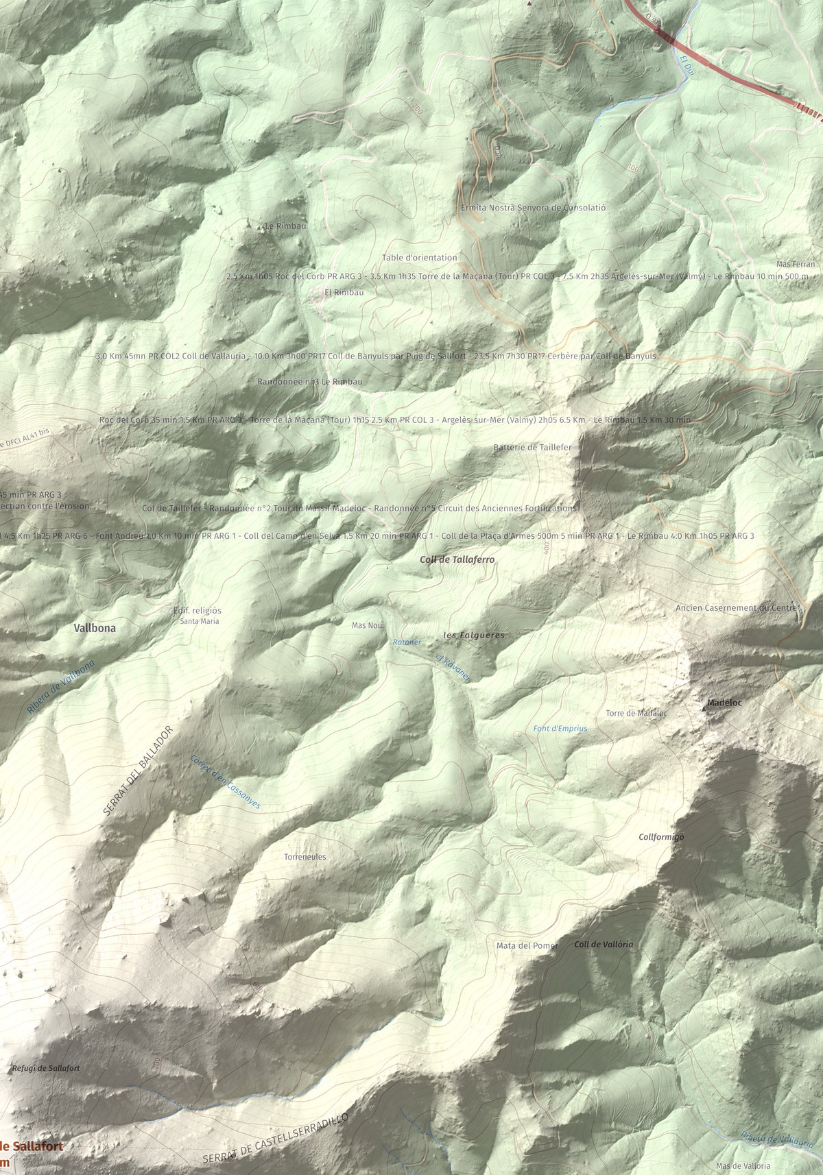 Mapa de relieve de Pic de Sallafort, 994 m, Alt Empordà · Rosselló, lámina 100 Cims de Trobart. Detalle de la zona superior derecha. 70 × 100 cm.