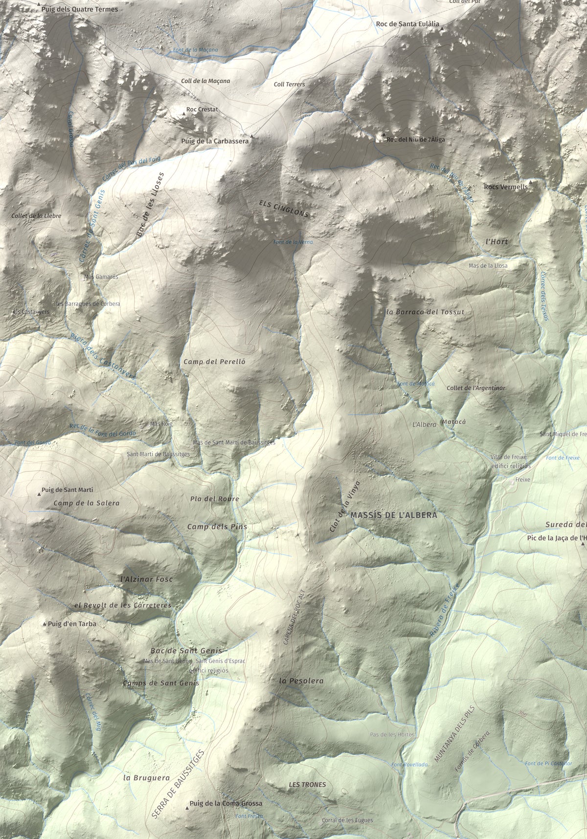 Mapa de relieve de Pic de Sallafort, 994 m, Alt Empordà · Rosselló, lámina 100 Cims de Trobart. Detalle de la zona inferior izquierda. 70 × 100 cm.