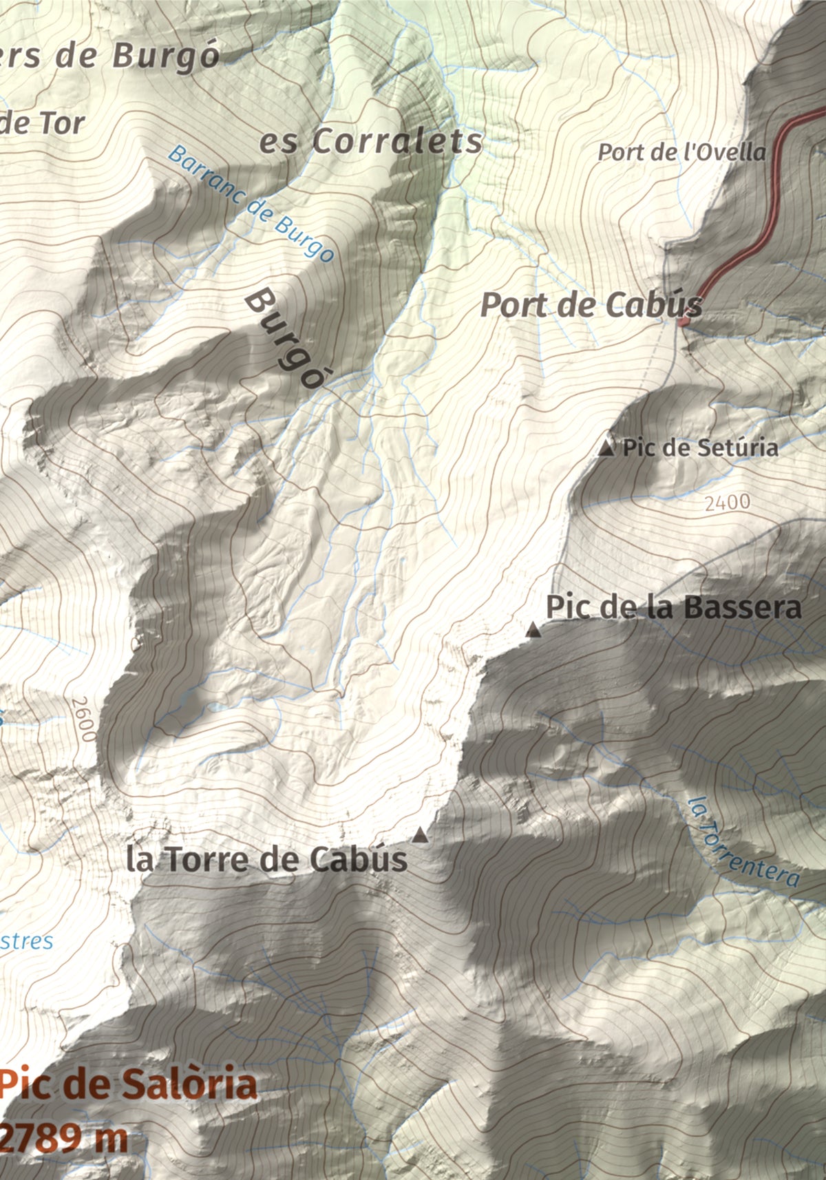 Mapa de relieve de Pic de Salòria, 2789 m, Alt Urgell · Pallars Sobirà, lámina 100 Cims de Trobart. Detalle de la zona superior derecha. 21 × 30 cm.