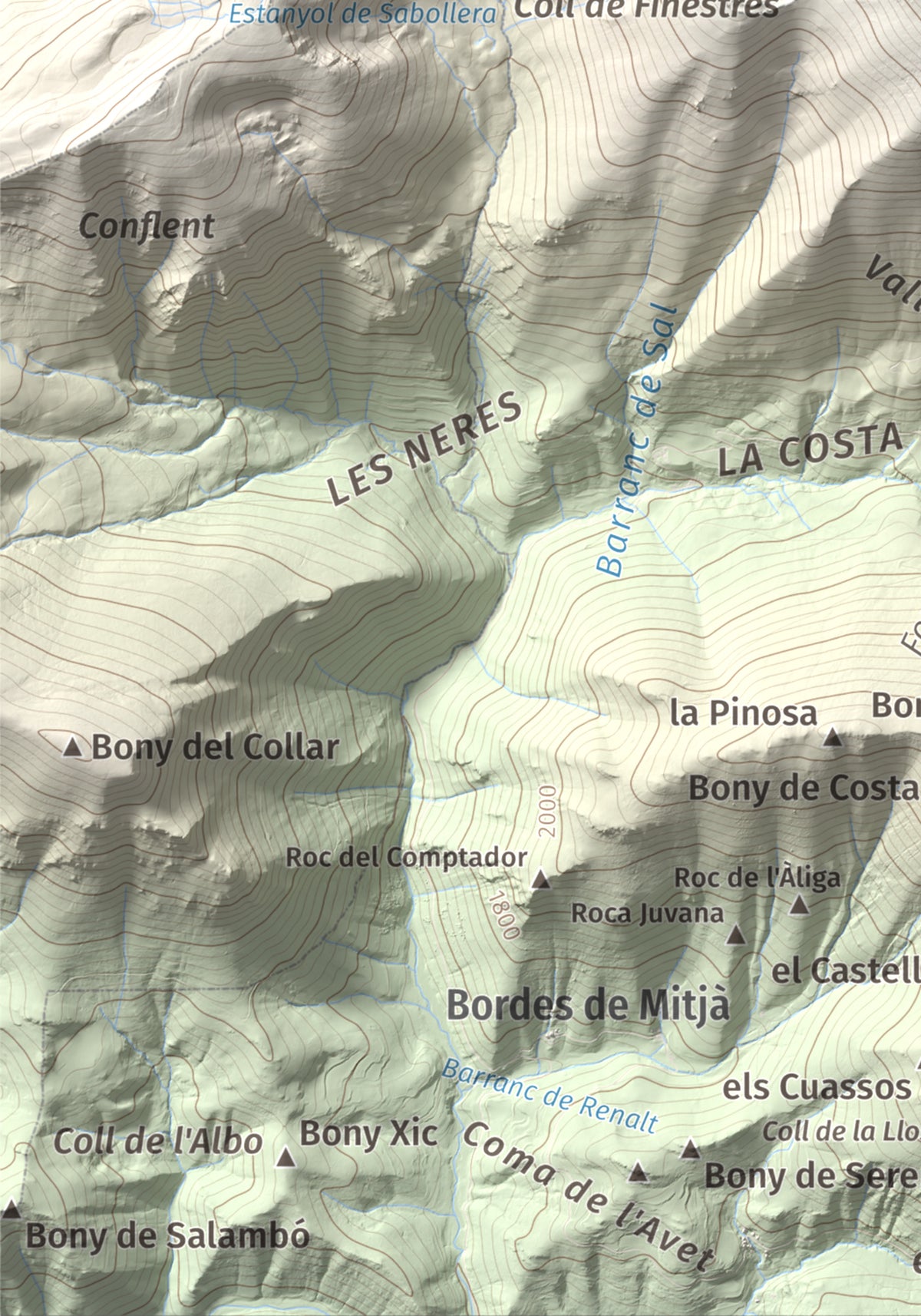 Mapa de relieve de Pic de Salòria, 2789 m, Alt Urgell · Pallars Sobirà, lámina 100 Cims de Trobart. Detalle de la zona inferior izquierda. 21 × 30 cm.