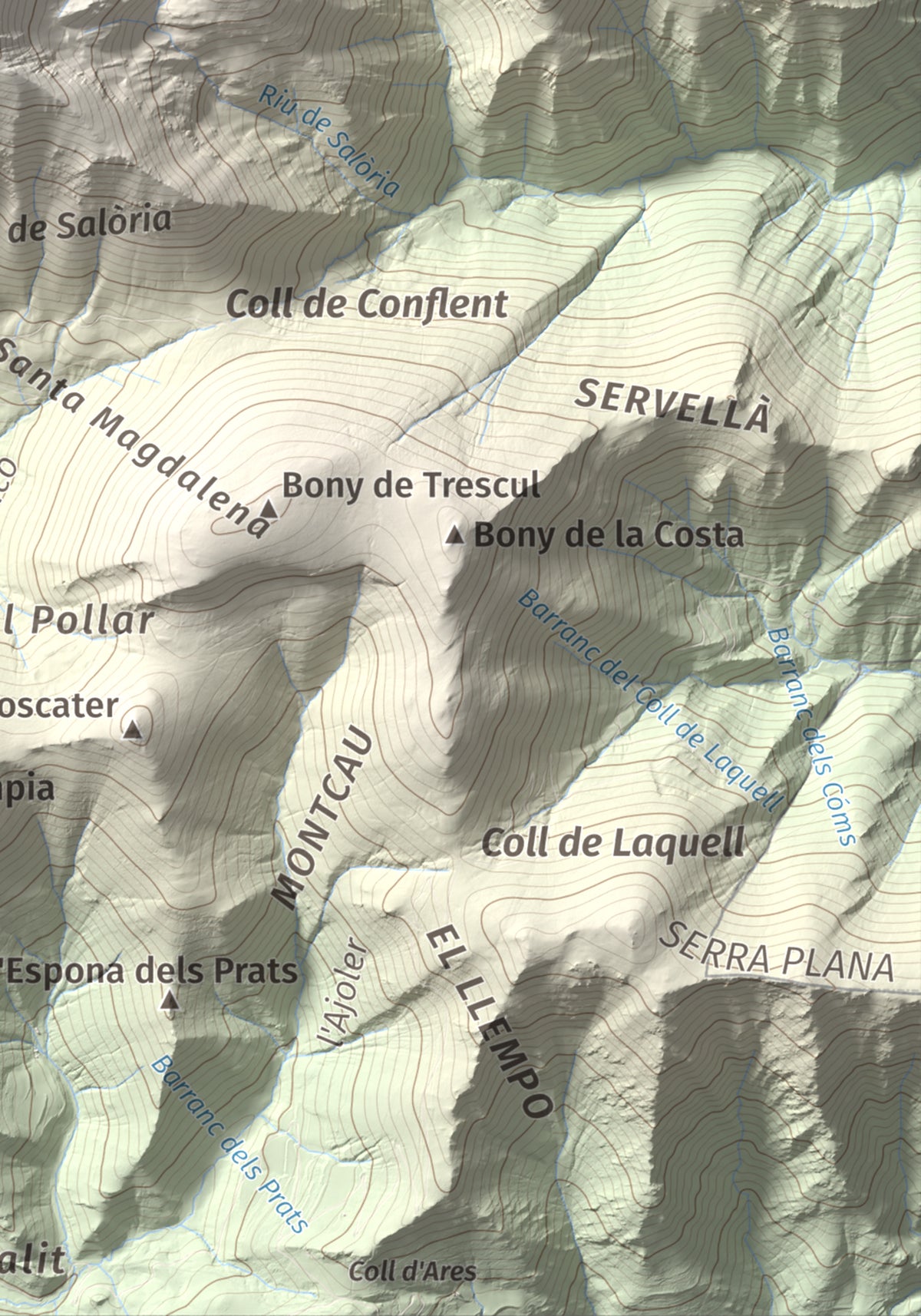 Mapa de relieve de Pic de Salòria, 2789 m, Alt Urgell · Pallars Sobirà, lámina 100 Cims de Trobart. Detalle de la zona inferior derecha. 21 × 30 cm.