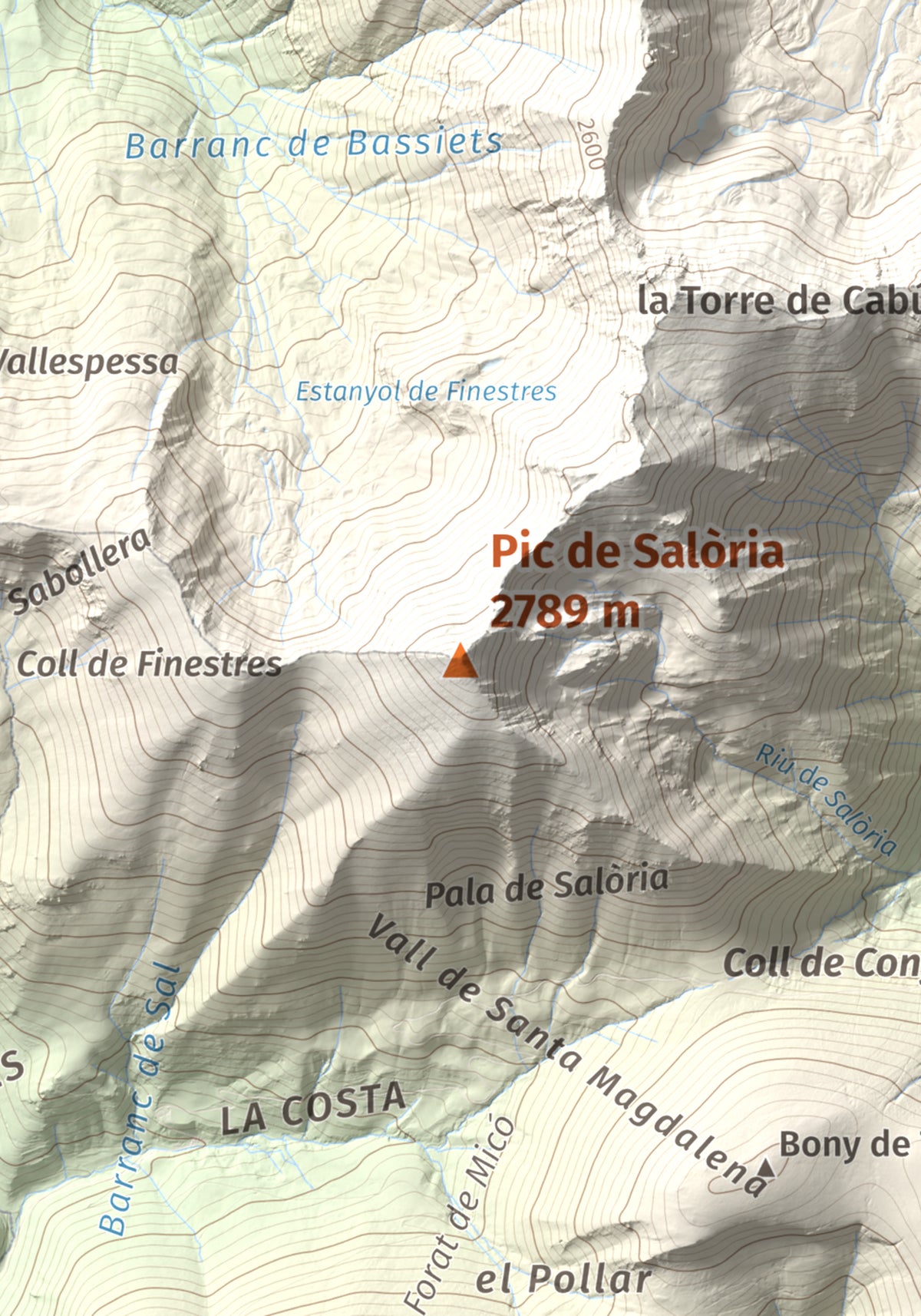 Mapa de relieve de Pic de Salòria, 2789 m, Alt Urgell · Pallars Sobirà, lámina 100 Cims de Trobart. Detalle de la zona central. 21 × 30 cm.