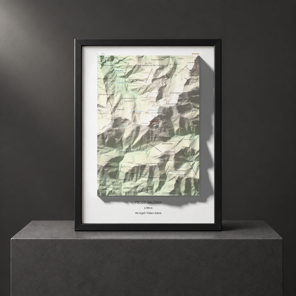 Mapa de relieve de Pic de Salòria, 2789 m, Alt Urgell · Pallars Sobirà, lámina 100 Cims de Trobart. Presentación enmarcada. 30 × 40 cm.