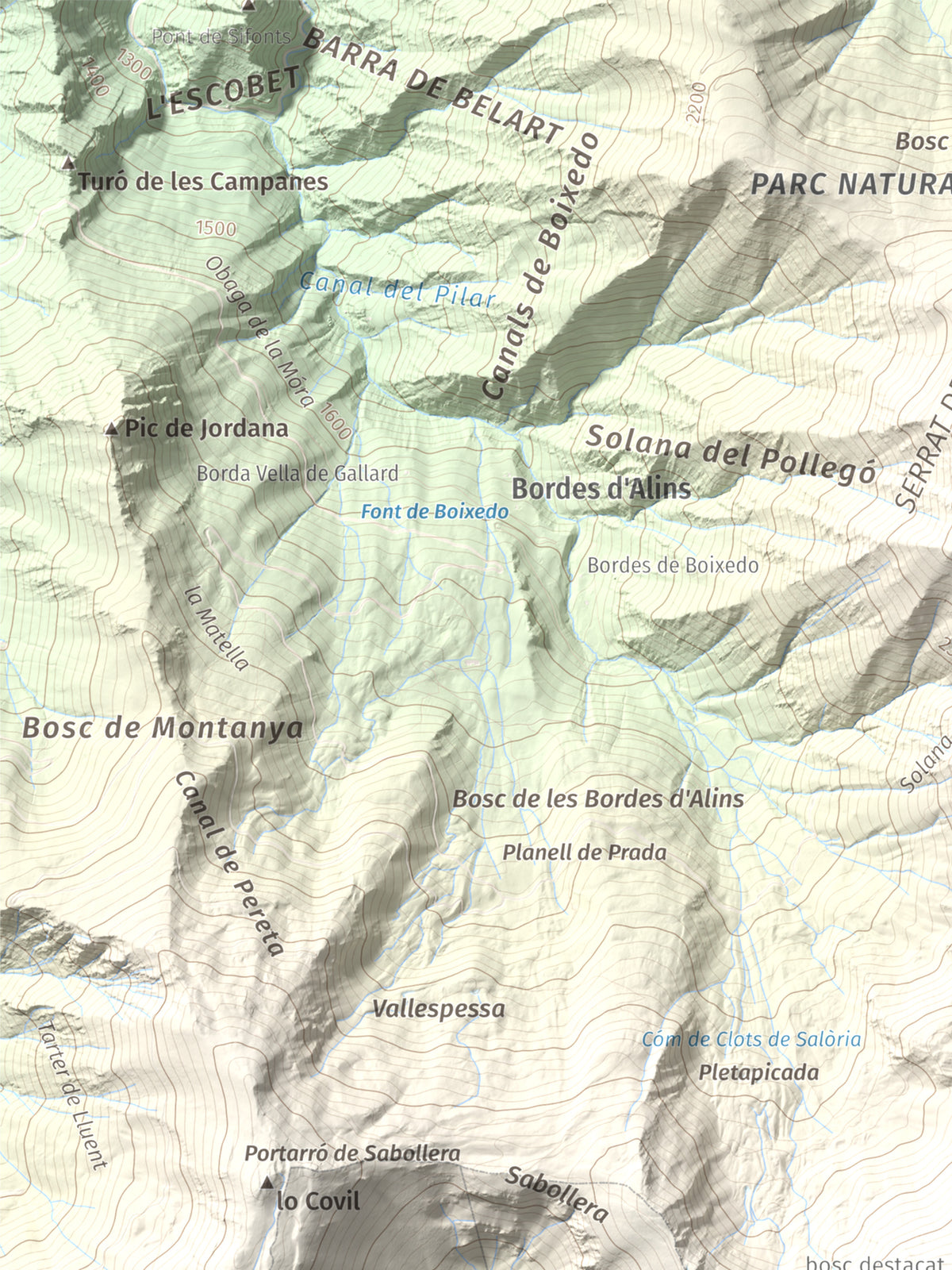 Mapa de relieve de Pic de Salòria, 2789 m, Alt Urgell · Pallars Sobirà, lámina 100 Cims de Trobart. Detalle de la zona superior izquierda. 30 × 40 cm.