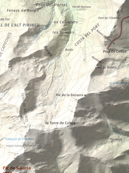 Mapa de relieve de Pic de Salòria, 2789 m, Alt Urgell · Pallars Sobirà, lámina 100 Cims de Trobart. Detalle de la zona superior derecha. 30 × 40 cm.