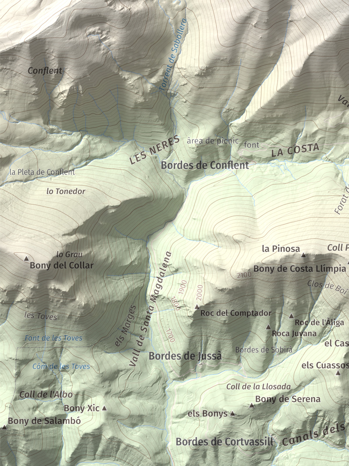 Mapa de relieve de Pic de Salòria, 2789 m, Alt Urgell · Pallars Sobirà, lámina 100 Cims de Trobart. Detalle de la zona inferior izquierda. 30 × 40 cm.