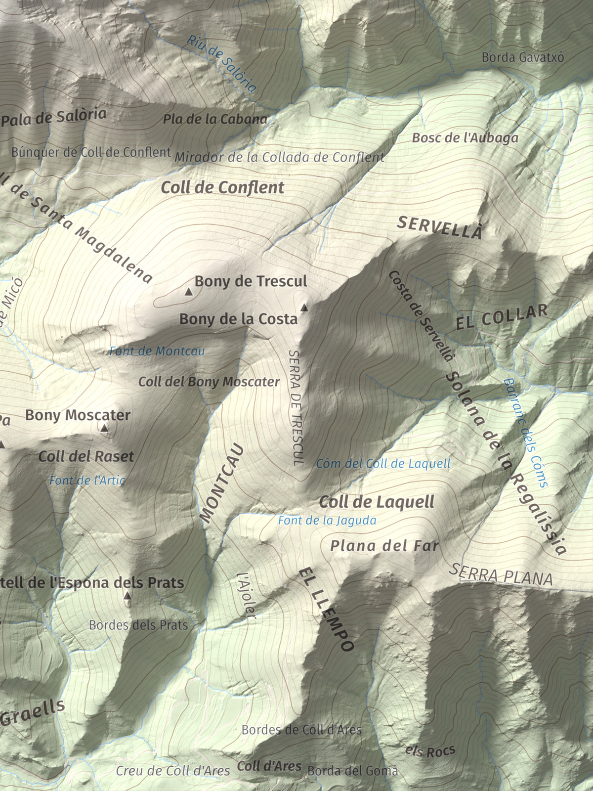 Mapa de relieve de Pic de Salòria, 2789 m, Alt Urgell · Pallars Sobirà, lámina 100 Cims de Trobart. Detalle de la zona inferior derecha. 30 × 40 cm.