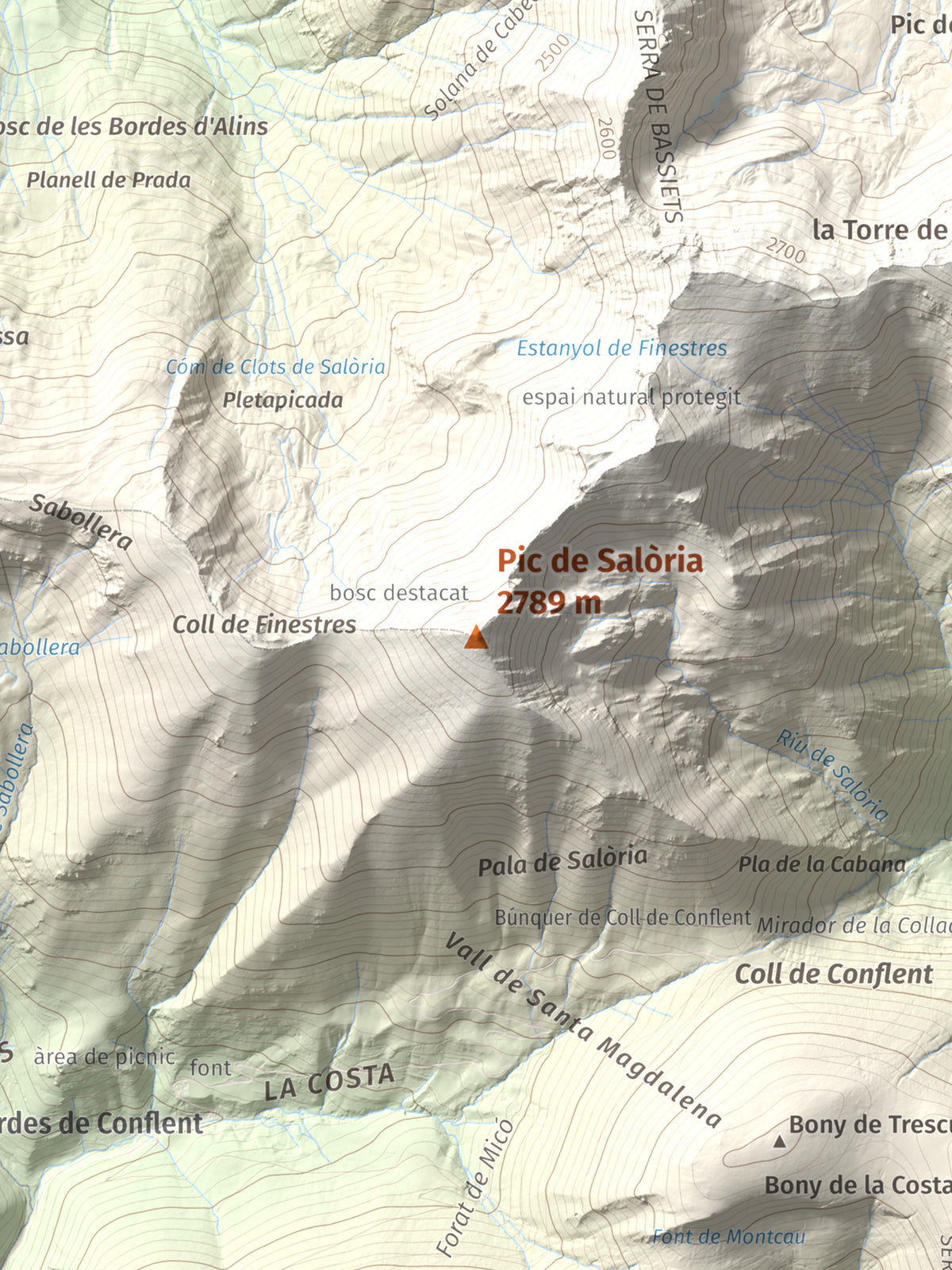Mapa de relieve de Pic de Salòria, 2789 m, Alt Urgell · Pallars Sobirà, lámina 100 Cims de Trobart. Detalle de la zona central. 30 × 40 cm.
