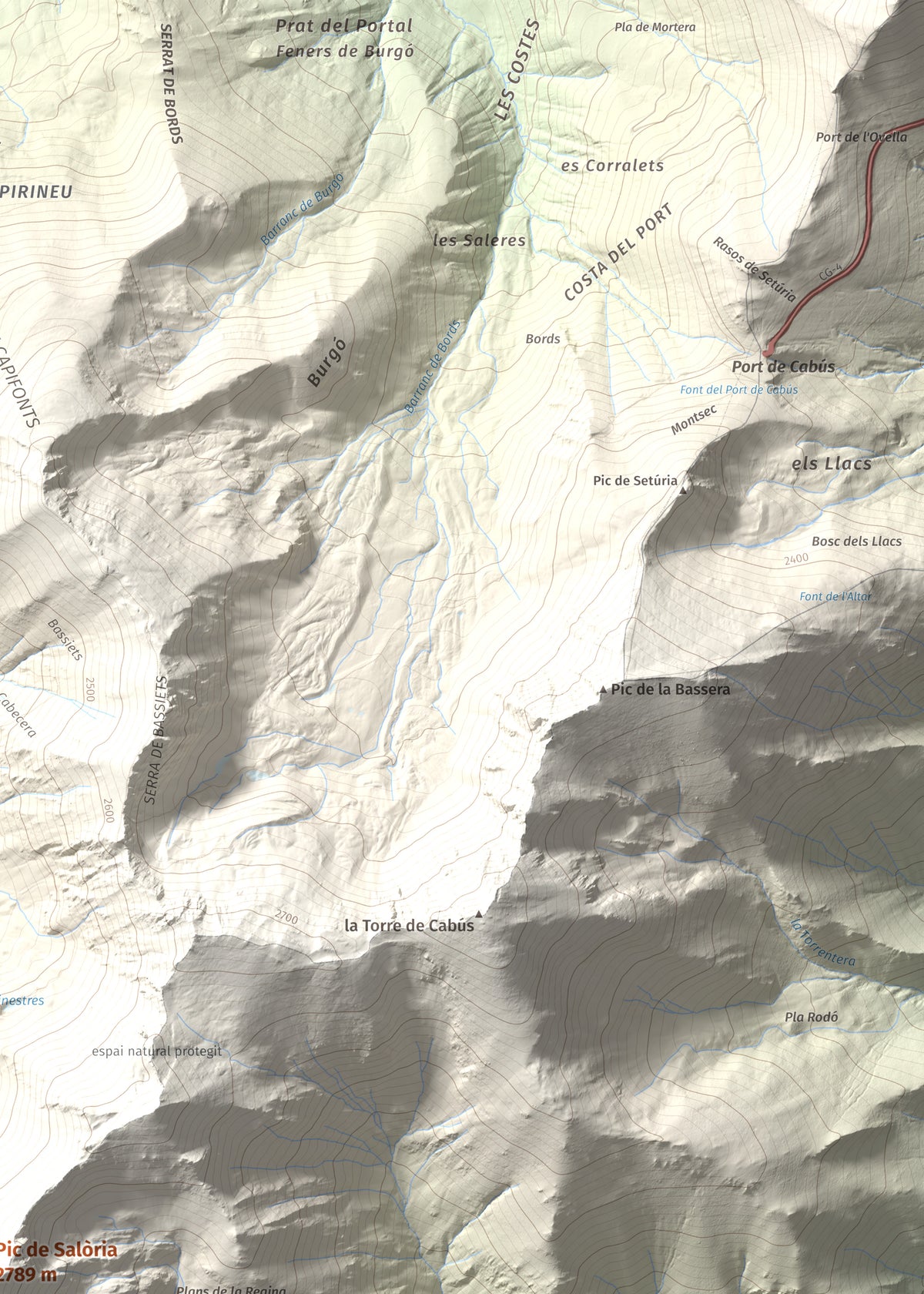 Mapa de relieve de Pic de Salòria, 2789 m, Alt Urgell · Pallars Sobirà, lámina 100 Cims de Trobart. Detalle de la zona superior derecha. 50 × 70 cm.