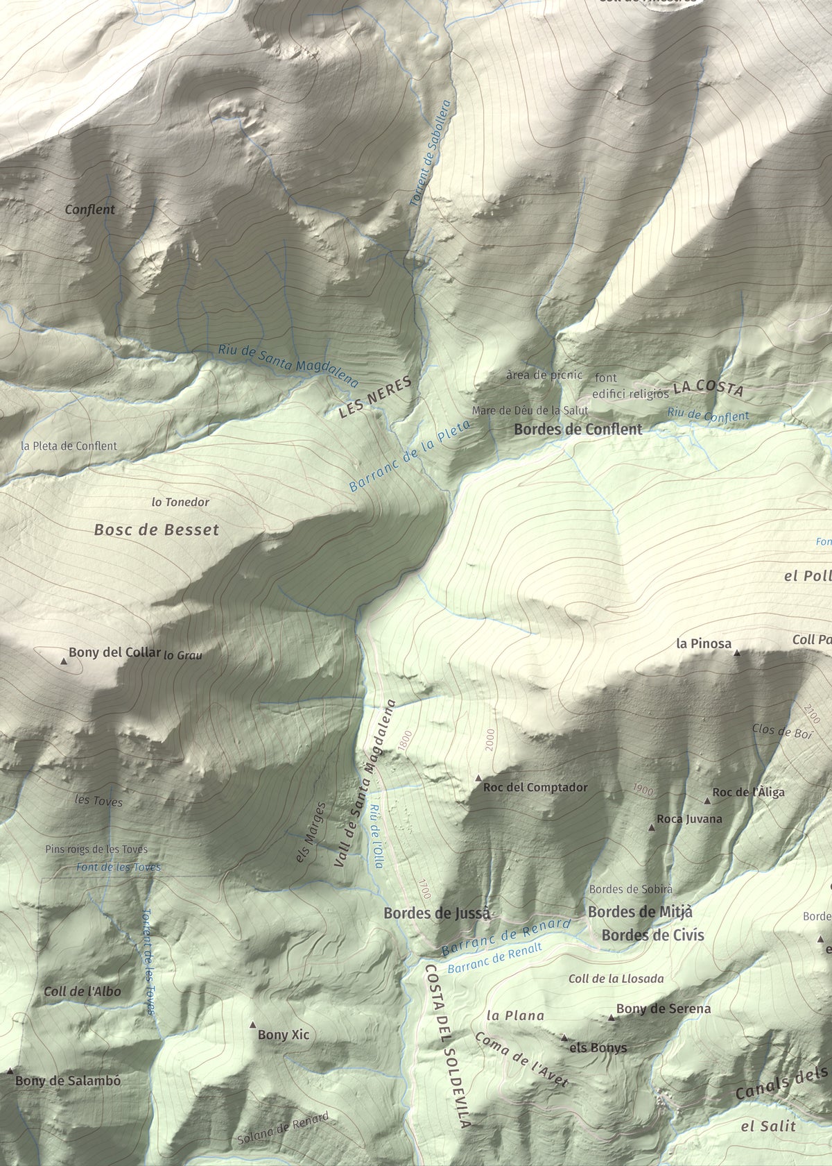 Mapa de relieve de Pic de Salòria, 2789 m, Alt Urgell · Pallars Sobirà, lámina 100 Cims de Trobart. Detalle de la zona inferior izquierda. 50 × 70 cm.