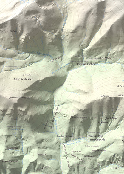 Mapa de relieve de Pic de Salòria, 2789 m, Alt Urgell · Pallars Sobirà, lámina 100 Cims de Trobart. Detalle de la zona inferior izquierda. 50 × 70 cm.