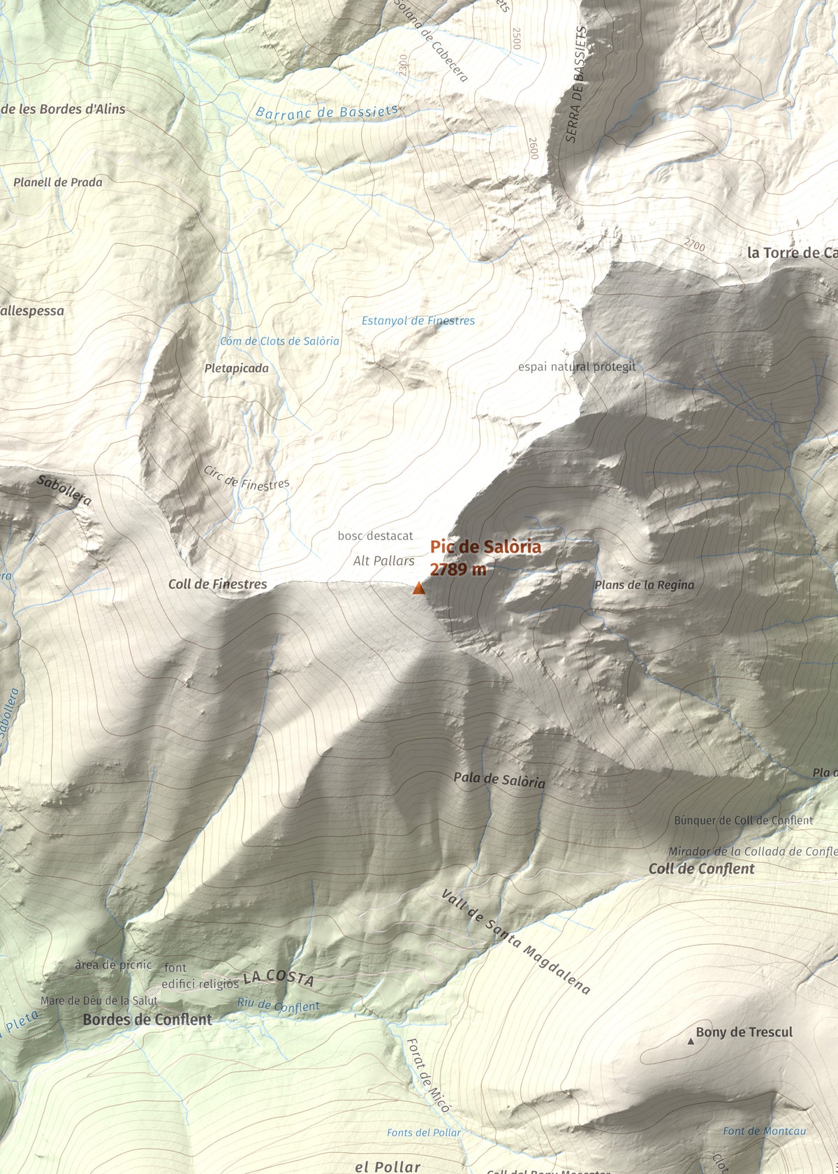 Mapa de relieve de Pic de Salòria, 2789 m, Alt Urgell · Pallars Sobirà, lámina 100 Cims de Trobart. Detalle de la zona central. 50 × 70 cm.
