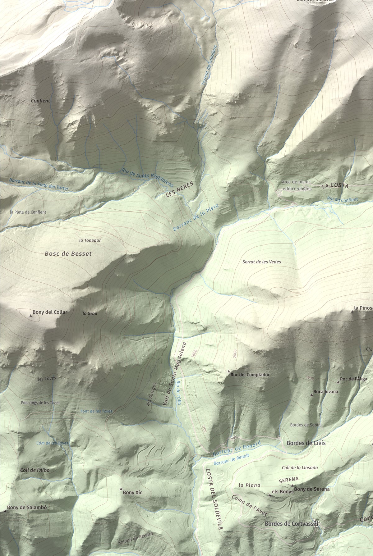 Mapa de relieve de Pic de Salòria, 2789 m, Alt Urgell · Pallars Sobirà, lámina 100 Cims de Trobart. Detalle de la zona inferior izquierda. 61 × 91 cm.