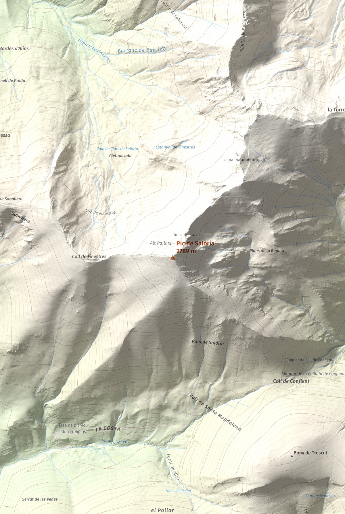 Mapa de relieve de Pic de Salòria, 2789 m, Alt Urgell · Pallars Sobirà, lámina 100 Cims de Trobart. Detalle de la zona central. 61 × 91 cm.
