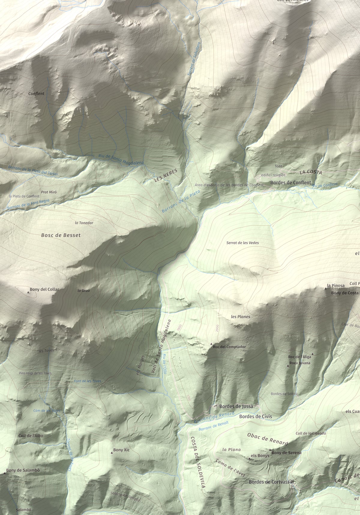 Mapa de relieve de Pic de Salòria, 2789 m, Alt Urgell · Pallars Sobirà, lámina 100 Cims de Trobart. Detalle de la zona inferior izquierda. 70 × 100 cm.