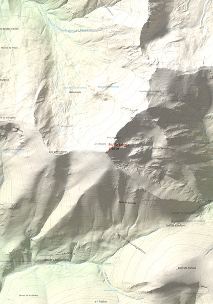 Mapa de relieve de Pic de Salòria, 2789 m, Alt Urgell · Pallars Sobirà, lámina 100 Cims de Trobart. Detalle de la zona central. 70 × 100 cm.