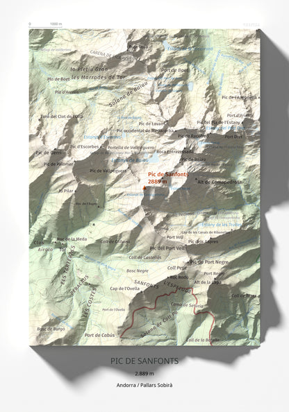Mapa de relieve de Pic de Sanfonts, 2889 m, Andorra · Pallars Sobirà, lámina 100 Cims de Trobart 21 × 30 cm.