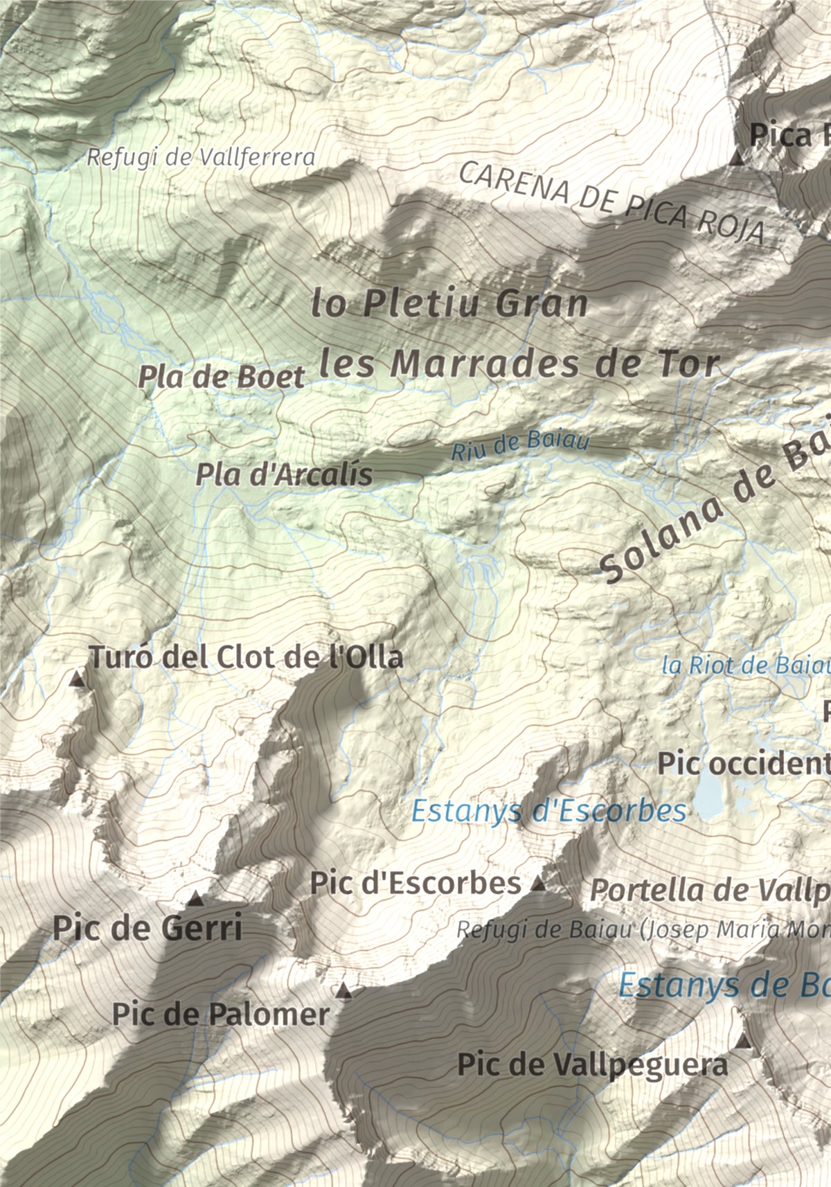 Mapa de relieve de Pic de Sanfonts, 2889 m, Andorra · Pallars Sobirà, lámina 100 Cims de Trobart. Detalle de la zona superior izquierda. 21 × 30 cm.