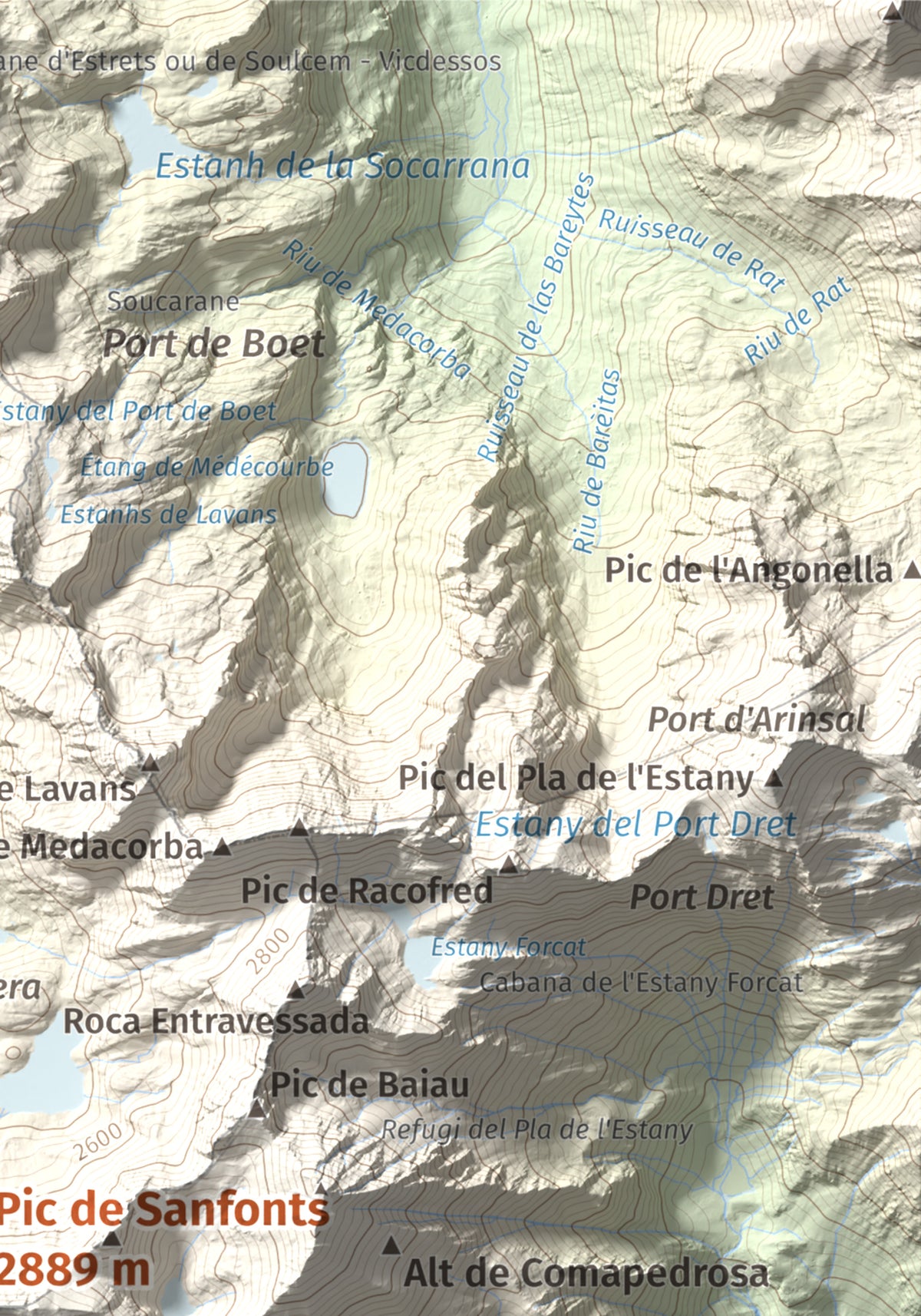 Mapa de relieve de Pic de Sanfonts, 2889 m, Andorra · Pallars Sobirà, lámina 100 Cims de Trobart. Detalle de la zona superior derecha. 21 × 30 cm.