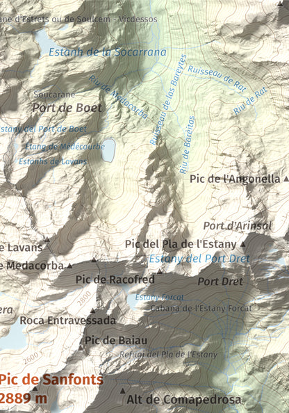 Mapa de relieve de Pic de Sanfonts, 2889 m, Andorra · Pallars Sobirà, lámina 100 Cims de Trobart. Detalle de la zona superior derecha. 21 × 30 cm.