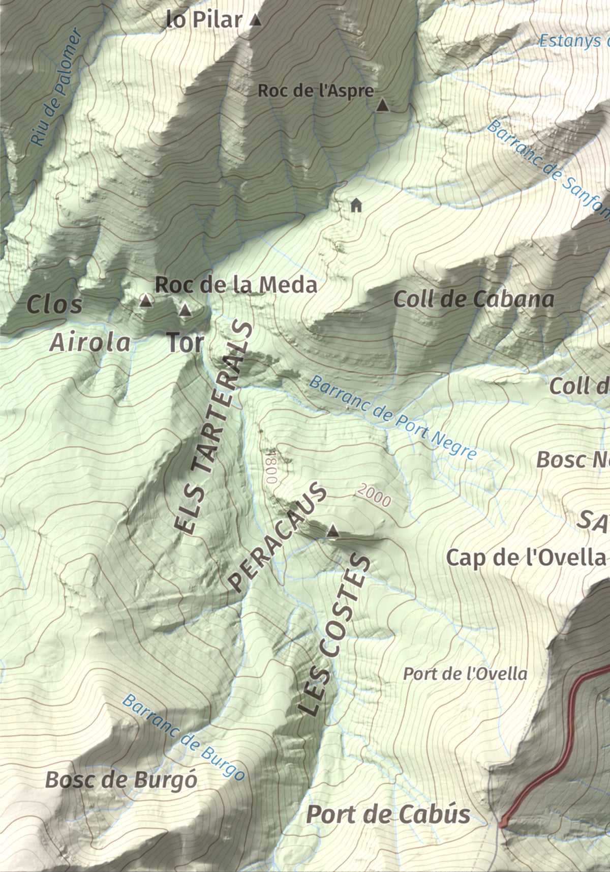 Mapa de relieve de Pic de Sanfonts, 2889 m, Andorra · Pallars Sobirà, lámina 100 Cims de Trobart. Detalle de la zona inferior izquierda. 21 × 30 cm.