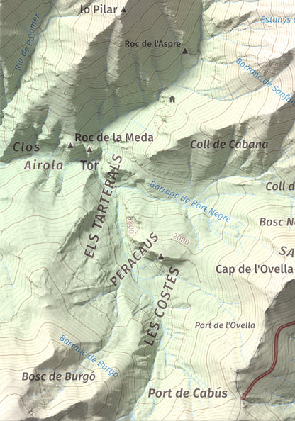 Mapa de relieve de Pic de Sanfonts, 2889 m, Andorra · Pallars Sobirà, lámina 100 Cims de Trobart. Detalle de la zona inferior izquierda. 21 × 30 cm.