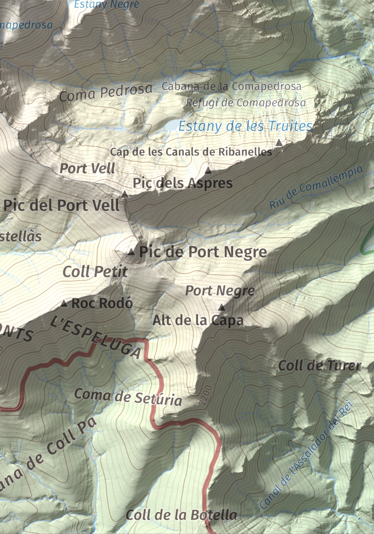 Mapa de relieve de Pic de Sanfonts, 2889 m, Andorra · Pallars Sobirà, lámina 100 Cims de Trobart. Detalle de la zona inferior derecha. 21 × 30 cm.