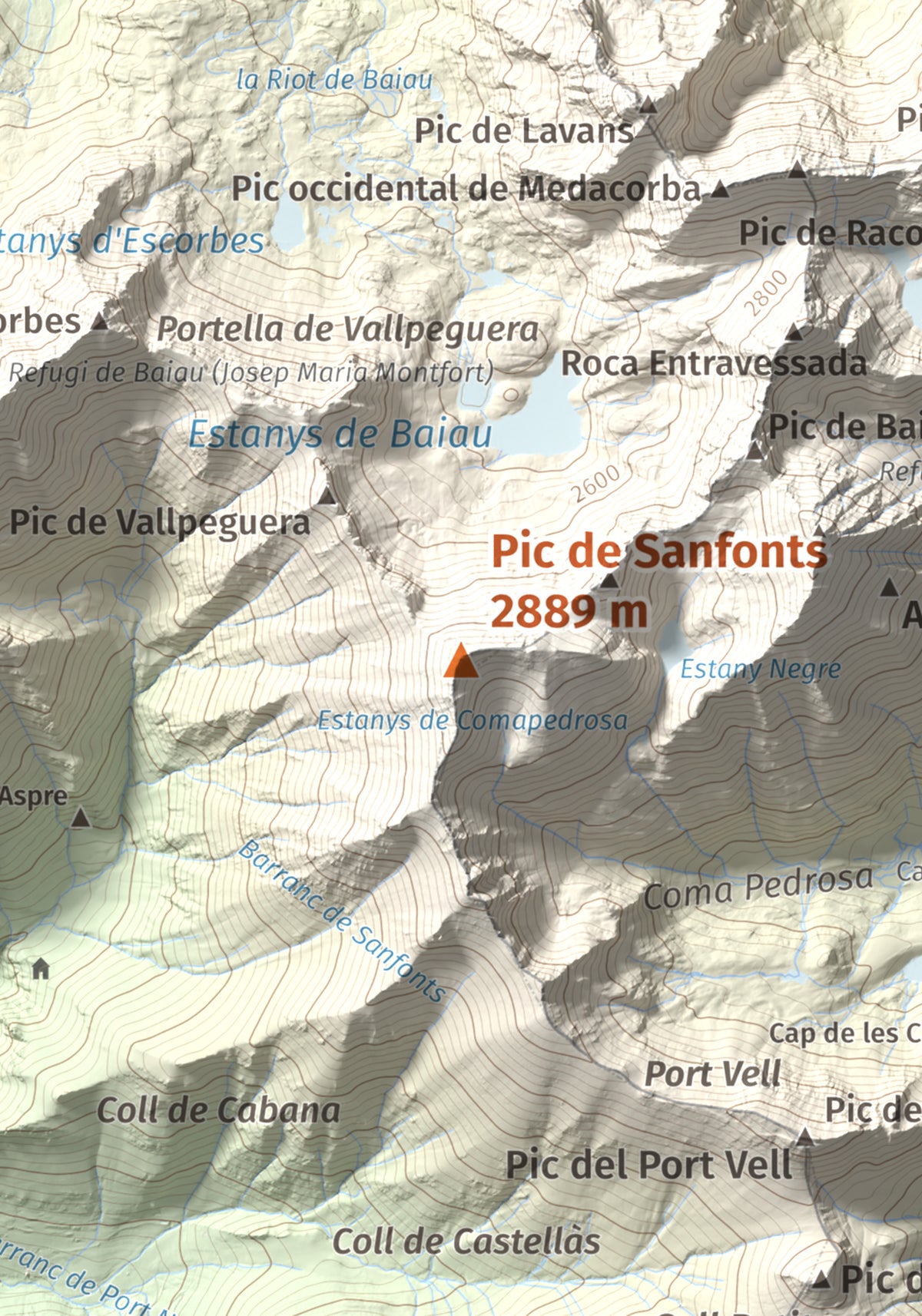 Mapa de relieve de Pic de Sanfonts, 2889 m, Andorra · Pallars Sobirà, lámina 100 Cims de Trobart. Detalle de la zona central. 21 × 30 cm.