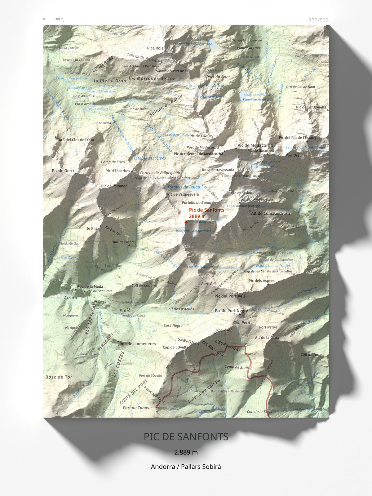 Mapa de relieve de Pic de Sanfonts, 2889 m, Andorra · Pallars Sobirà, lámina 100 Cims de Trobart 30 × 40 cm.