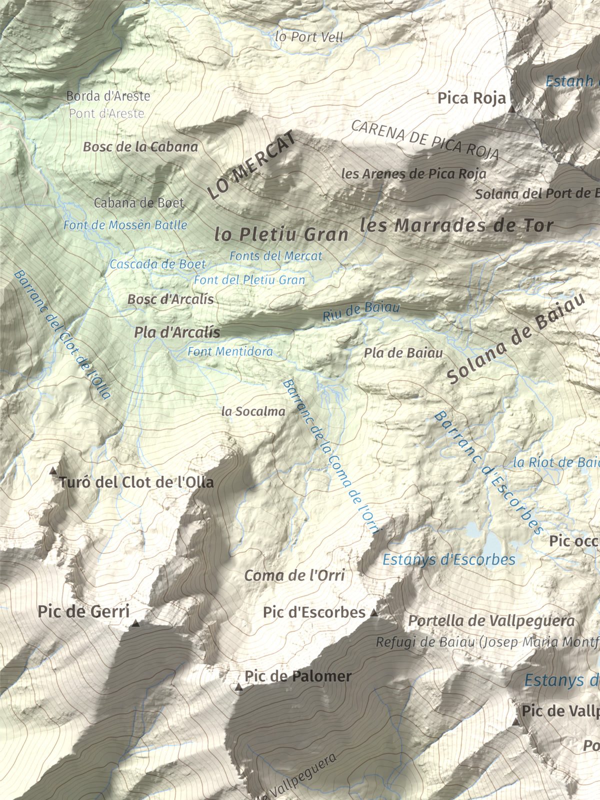 Mapa de relieve de Pic de Sanfonts, 2889 m, Andorra · Pallars Sobirà, lámina 100 Cims de Trobart. Detalle de la zona superior izquierda. 30 × 40 cm.