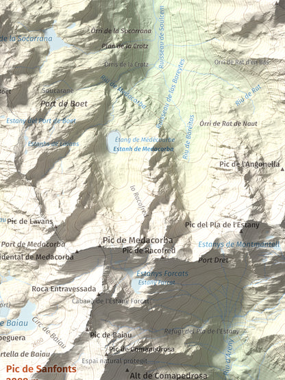 Mapa de relieve de Pic de Sanfonts, 2889 m, Andorra · Pallars Sobirà, lámina 100 Cims de Trobart. Detalle de la zona superior derecha. 30 × 40 cm.