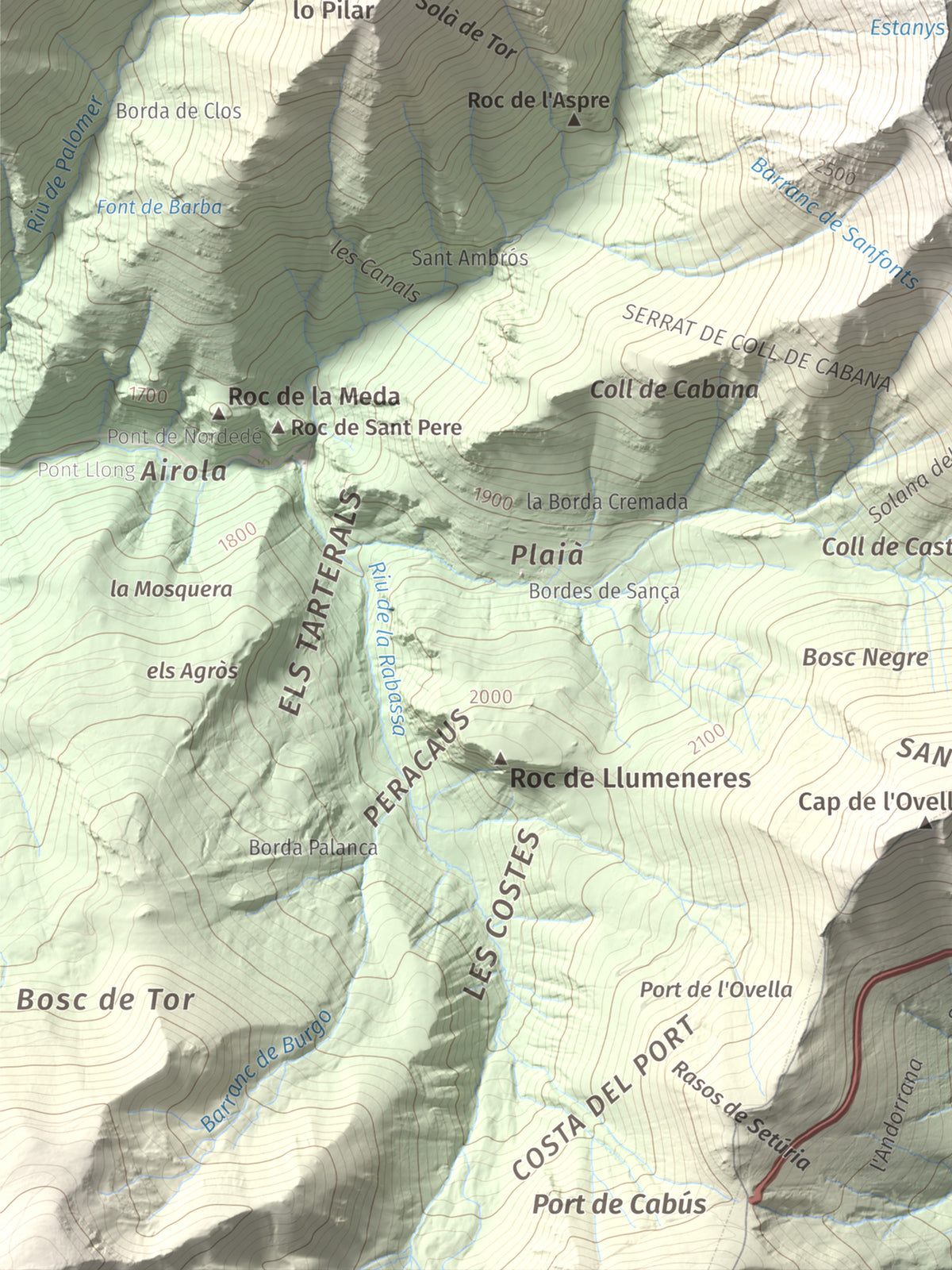 Mapa de relieve de Pic de Sanfonts, 2889 m, Andorra · Pallars Sobirà, lámina 100 Cims de Trobart. Detalle de la zona inferior izquierda. 30 × 40 cm.