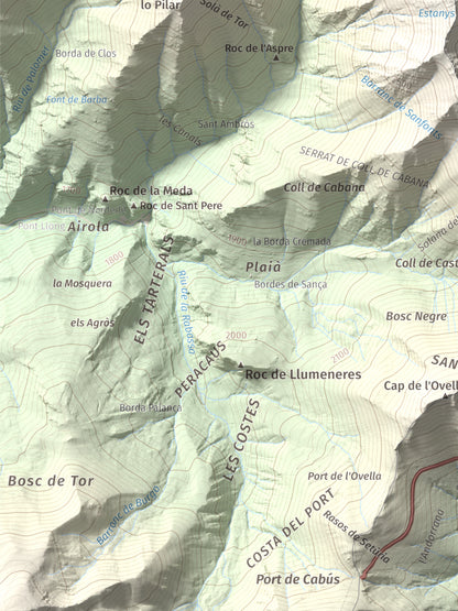 Mapa de relieve de Pic de Sanfonts, 2889 m, Andorra · Pallars Sobirà, lámina 100 Cims de Trobart. Detalle de la zona inferior izquierda. 30 × 40 cm.