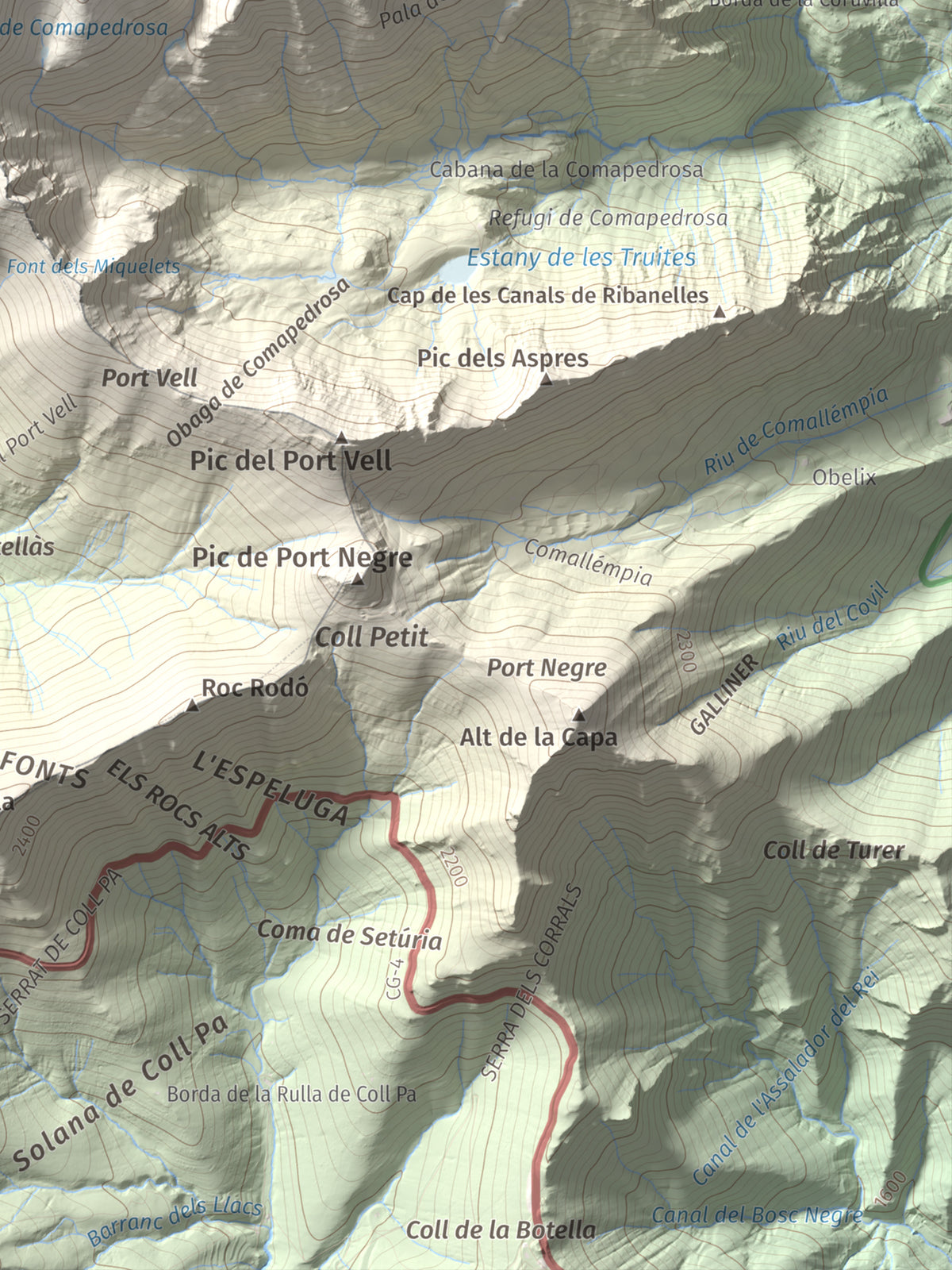 Mapa de relieve de Pic de Sanfonts, 2889 m, Andorra · Pallars Sobirà, lámina 100 Cims de Trobart. Detalle de la zona inferior derecha. 30 × 40 cm.