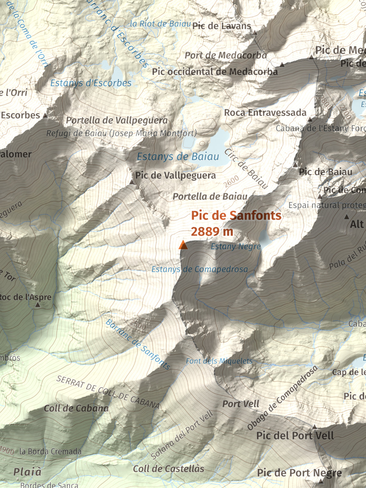 Mapa de relieve de Pic de Sanfonts, 2889 m, Andorra · Pallars Sobirà, lámina 100 Cims de Trobart. Detalle de la zona central. 30 × 40 cm.