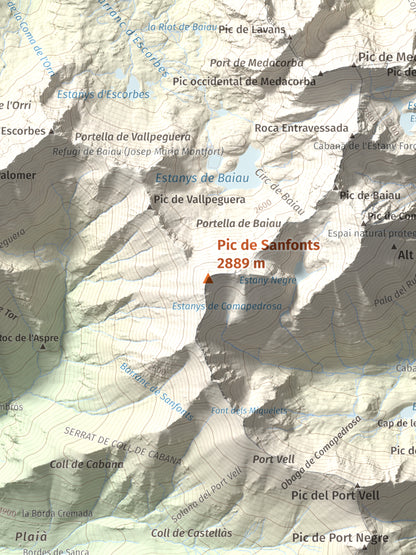 Mapa de relieve de Pic de Sanfonts, 2889 m, Andorra · Pallars Sobirà, lámina 100 Cims de Trobart. Detalle de la zona central. 30 × 40 cm.