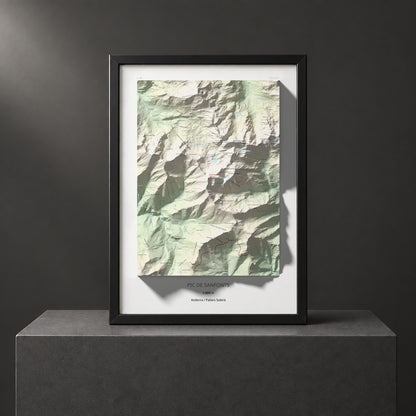 Mapa de relieve de Pic de Sanfonts, 2889 m, Andorra · Pallars Sobirà, lámina 100 Cims de Trobart. Presentación enmarcada. 50 × 70 cm.