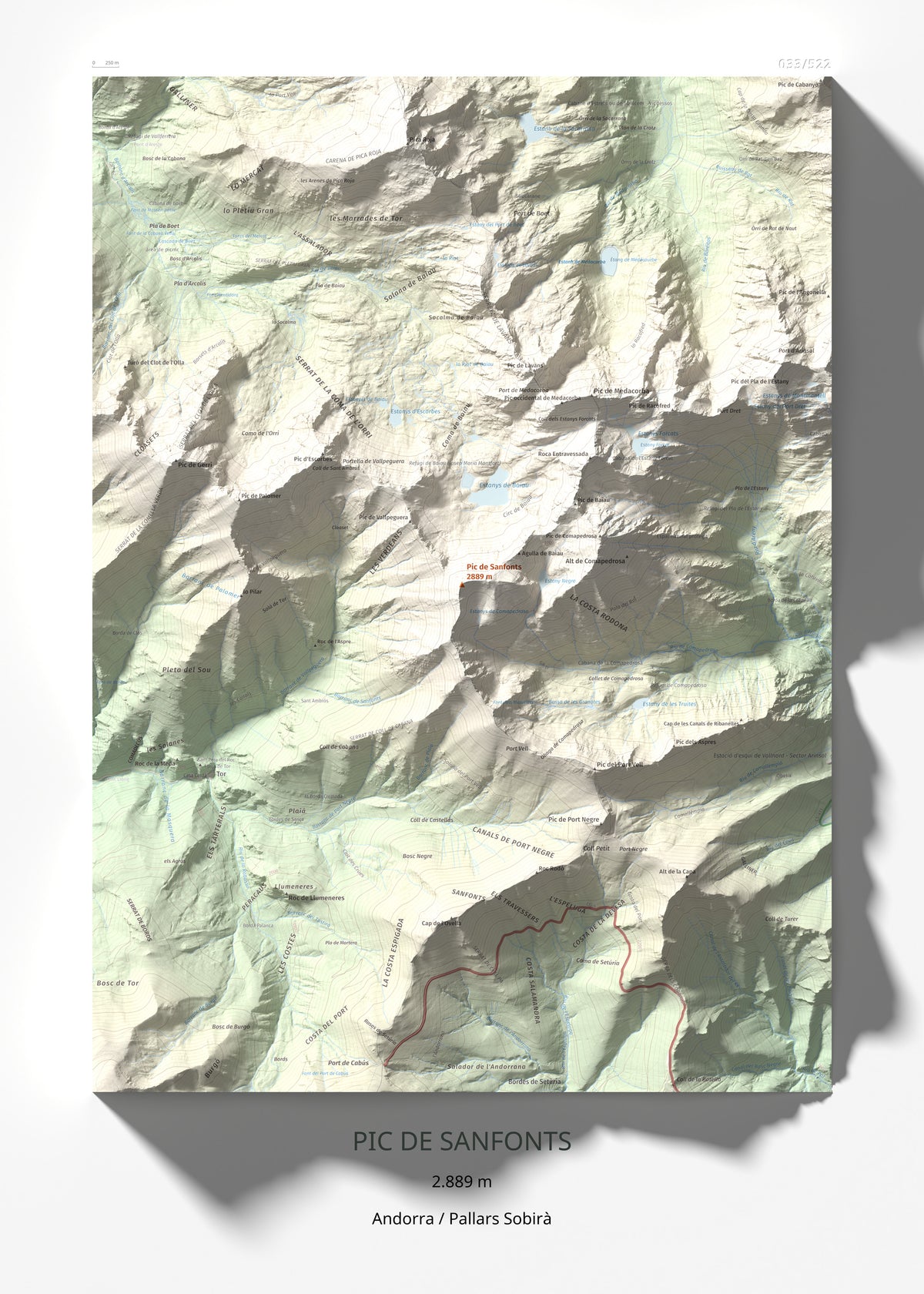 Mapa de relieve de Pic de Sanfonts, 2889 m, Andorra · Pallars Sobirà, lámina 100 Cims de Trobart 50 × 70 cm.