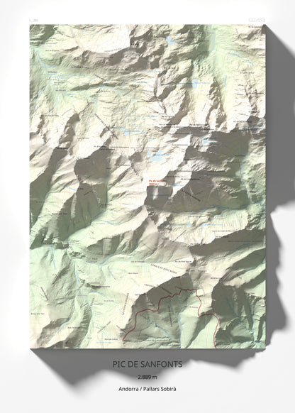 Mapa de relieve de Pic de Sanfonts, 2889 m, Andorra · Pallars Sobirà, lámina 100 Cims de Trobart 50 × 70 cm.