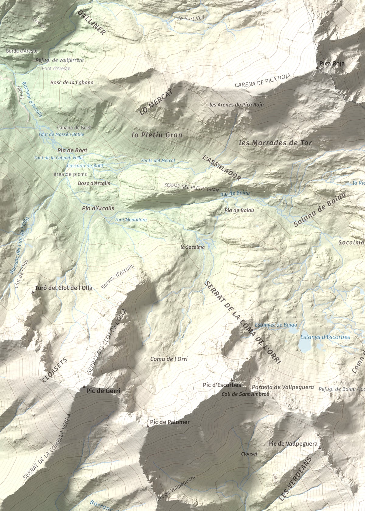 Mapa de relieve de Pic de Sanfonts, 2889 m, Andorra · Pallars Sobirà, lámina 100 Cims de Trobart. Detalle de la zona superior izquierda. 50 × 70 cm.