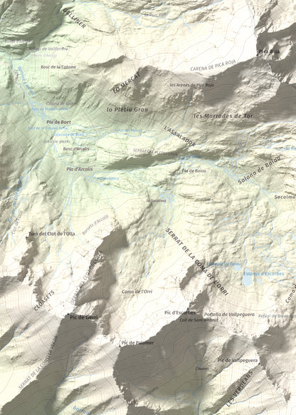 Mapa de relieve de Pic de Sanfonts, 2889 m, Andorra · Pallars Sobirà, lámina 100 Cims de Trobart. Detalle de la zona superior izquierda. 50 × 70 cm.