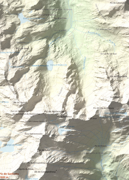 Mapa de relieve de Pic de Sanfonts, 2889 m, Andorra · Pallars Sobirà, lámina 100 Cims de Trobart. Detalle de la zona superior derecha. 50 × 70 cm.
