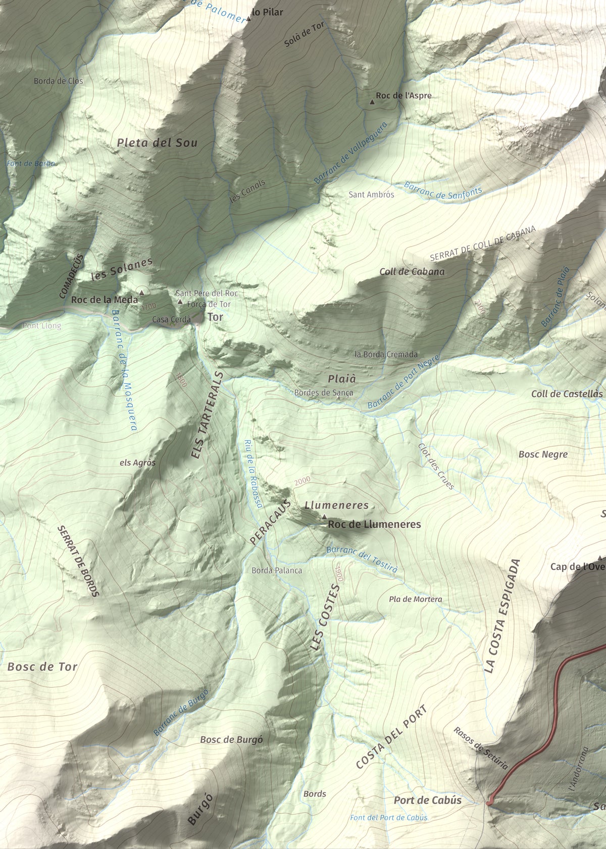 Mapa de relieve de Pic de Sanfonts, 2889 m, Andorra · Pallars Sobirà, lámina 100 Cims de Trobart. Detalle de la zona inferior izquierda. 50 × 70 cm.
