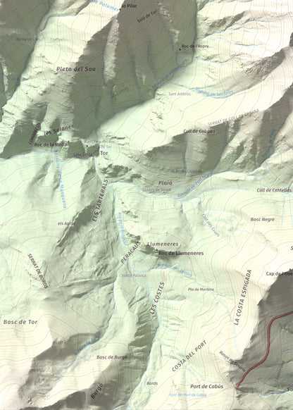 Mapa de relieve de Pic de Sanfonts, 2889 m, Andorra · Pallars Sobirà, lámina 100 Cims de Trobart. Detalle de la zona inferior izquierda. 50 × 70 cm.