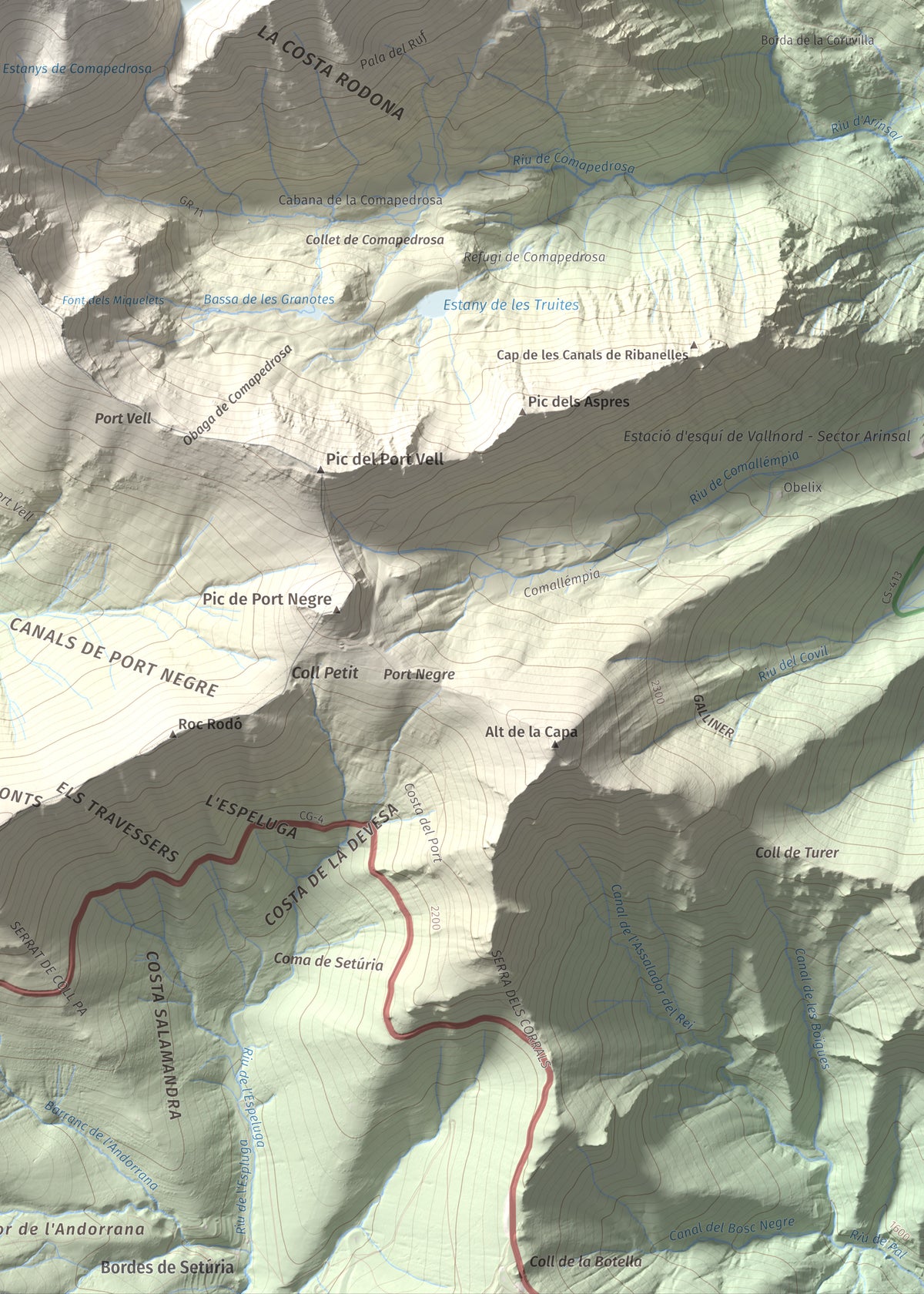 Mapa de relieve de Pic de Sanfonts, 2889 m, Andorra · Pallars Sobirà, lámina 100 Cims de Trobart. Detalle de la zona inferior derecha. 50 × 70 cm.