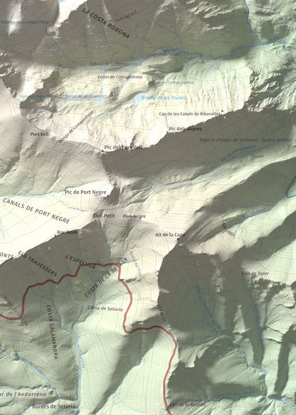 Mapa de relieve de Pic de Sanfonts, 2889 m, Andorra · Pallars Sobirà, lámina 100 Cims de Trobart. Detalle de la zona inferior derecha. 50 × 70 cm.