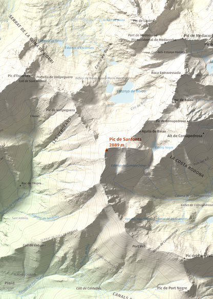 Mapa de relieve de Pic de Sanfonts, 2889 m, Andorra · Pallars Sobirà, lámina 100 Cims de Trobart. Detalle de la zona central. 50 × 70 cm.