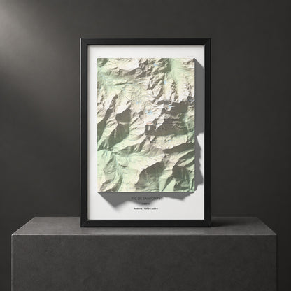 Mapa de relieve de Pic de Sanfonts, 2889 m, Andorra · Pallars Sobirà, lámina 100 Cims de Trobart. Presentación enmarcada. 61 × 91 cm.