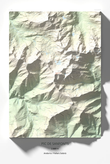Mapa de relieve de Pic de Sanfonts, 2889 m, Andorra · Pallars Sobirà, lámina 100 Cims de Trobart 61 × 91 cm.