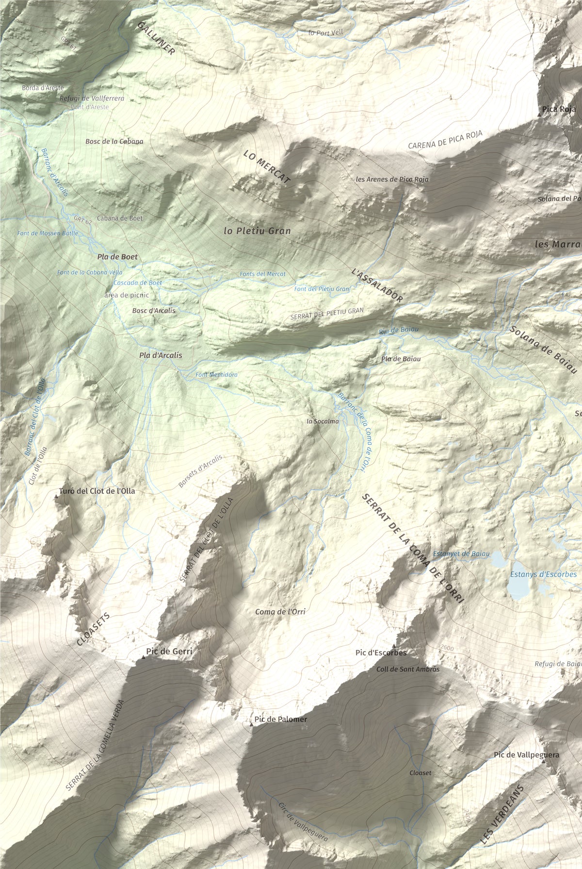 Mapa de relieve de Pic de Sanfonts, 2889 m, Andorra · Pallars Sobirà, lámina 100 Cims de Trobart. Detalle de la zona superior izquierda. 61 × 91 cm.